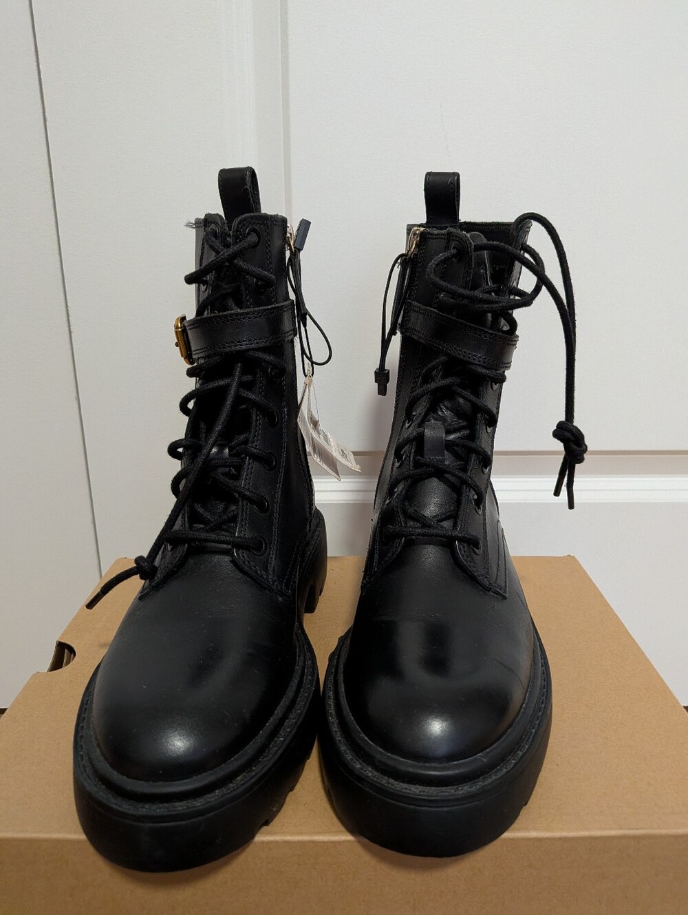 Black Leather Ankle Boots with Gold Buckle